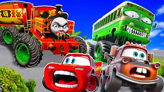 Big & Small:McQueen and Mater VS NIA Traine and KING Dinoko Mega ZOMBIE slime cars in BeamNG.drive