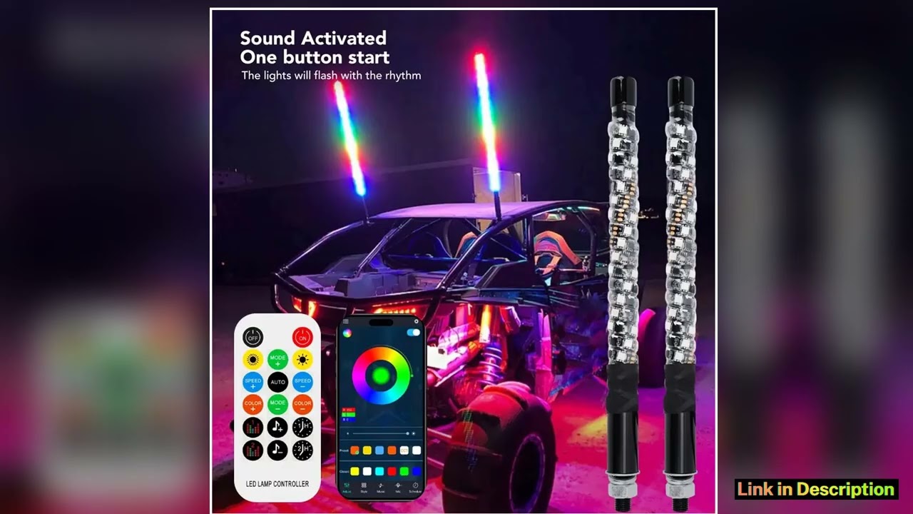 2PCS 1FT LED Whip Lights APP Remote Control Flagpole Antenna Whips LED Flagpole Lamp for UTV ATV Of