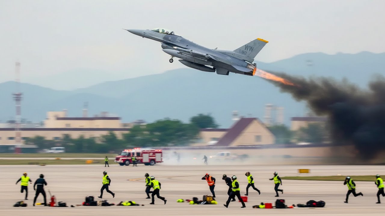 Каракас в шоке! Женщина-пилот американского F-16 взлетает на полной скорости во время аварийной ситу