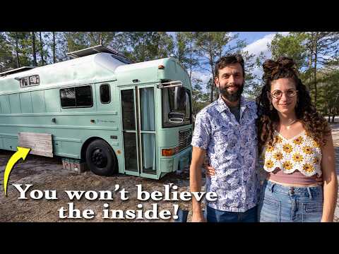 The inside of their self-converted school bus home is stunning