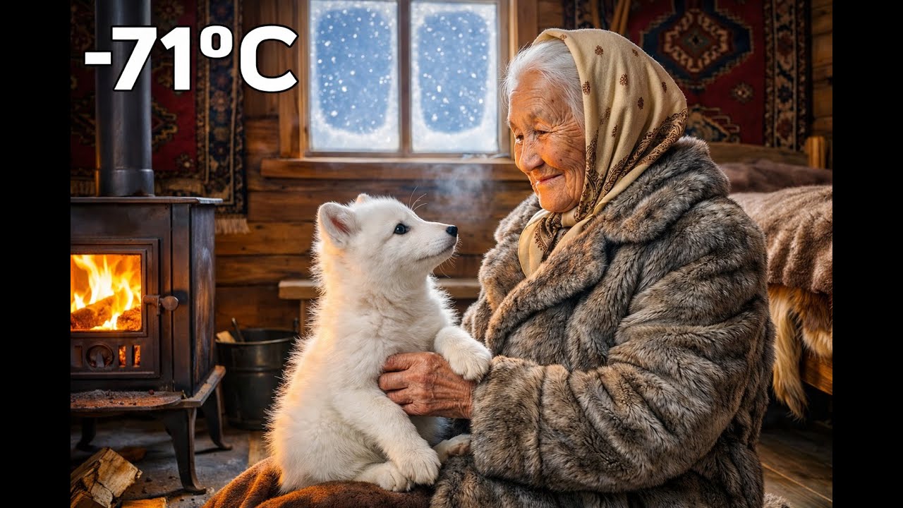 An elderly woman saved a freezing white Arctic fox cub struggling in a snowstorm.