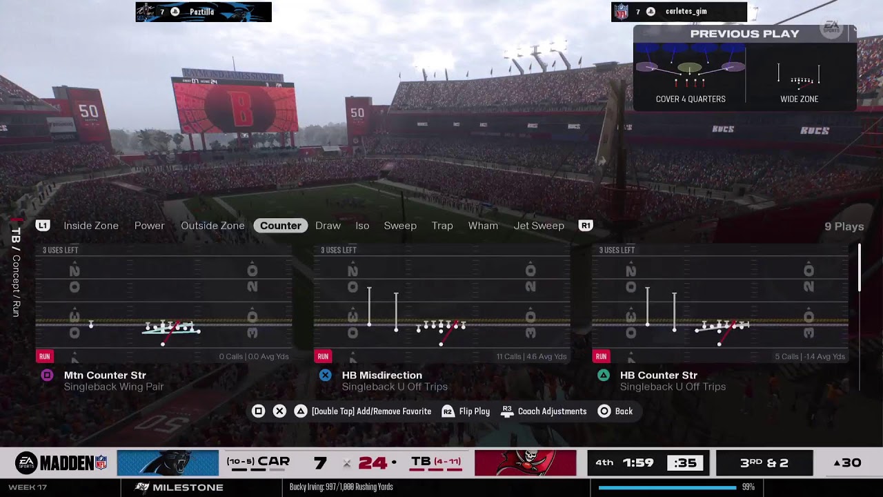 Panthers @ Bucaneers week 17 PFL