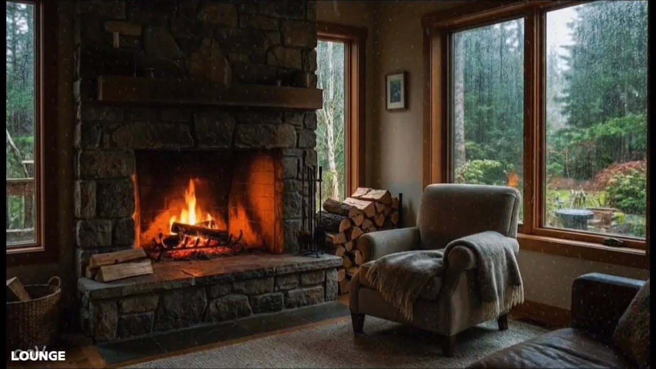 Cozy Rainy Cabin Fireplace 🔥☔ Rain & Fire Sounds for Deep Sleep and ...