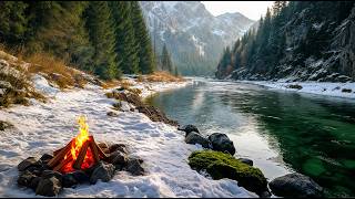 Relaxing Mountain River Ambience 🌲 Campfire Crackling and Waterfall Sounds