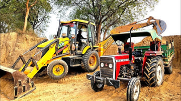 JCB 3DX Xpert Backhoe Loader Machine Loading Mud in Trolley Massey 241 and Eicher Tractor Video ।JCB