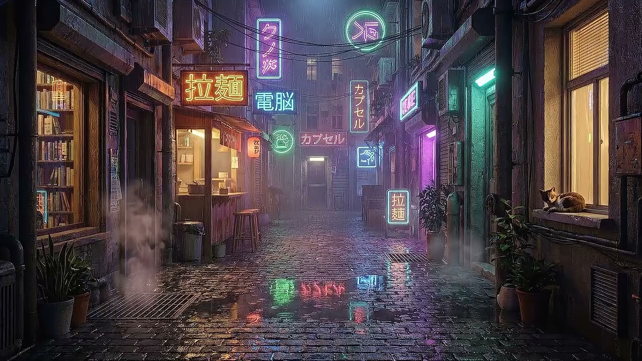 Cyberpunk Lofi 🌧️ Rainy Spring City Ambience