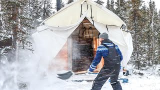 WINTER STORM hits HOT tent. FREEZING wind, FLAMING stove