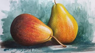 رسم آجاص بالألوان المائية مع ألألوان الخشبية / Watercolor pear drawing with wood colors