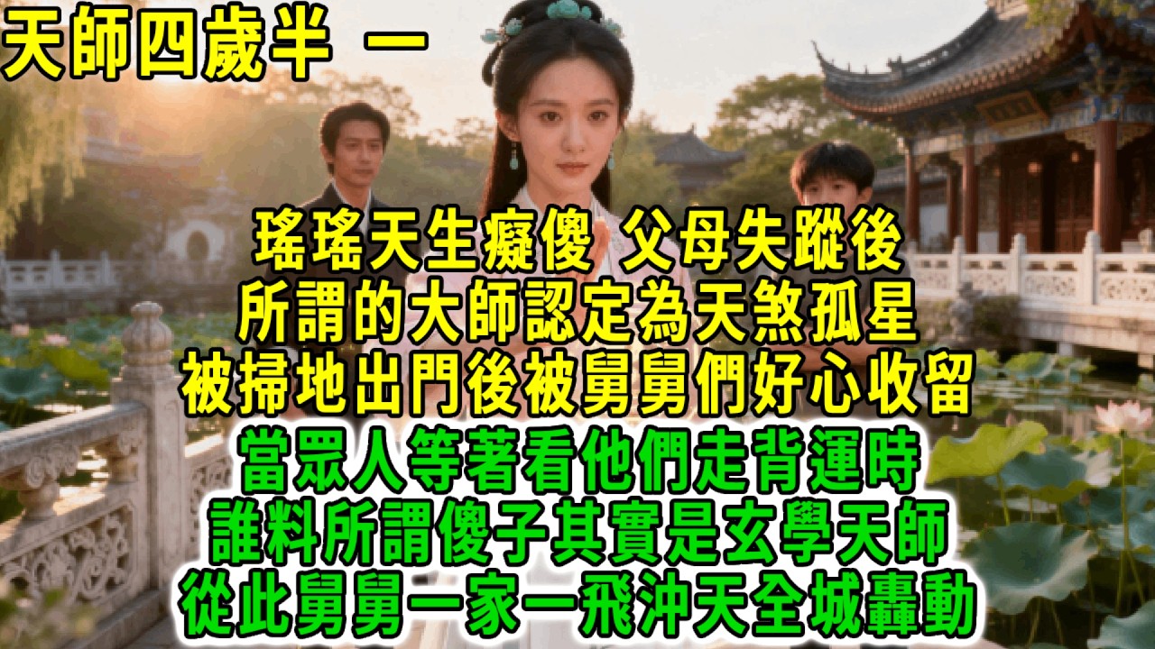 天師四歲半(一)瑤瑤天生癡傻，父母失蹤後，所謂的大師認定為天煞孤星，被掃地出門後被舅舅們好心收留，當眾人等著看他們走背運時誰料所謂傻子其實是玄學天師，從此舅舅一家一飛沖天全城轟動！#荷上清風 #爽文