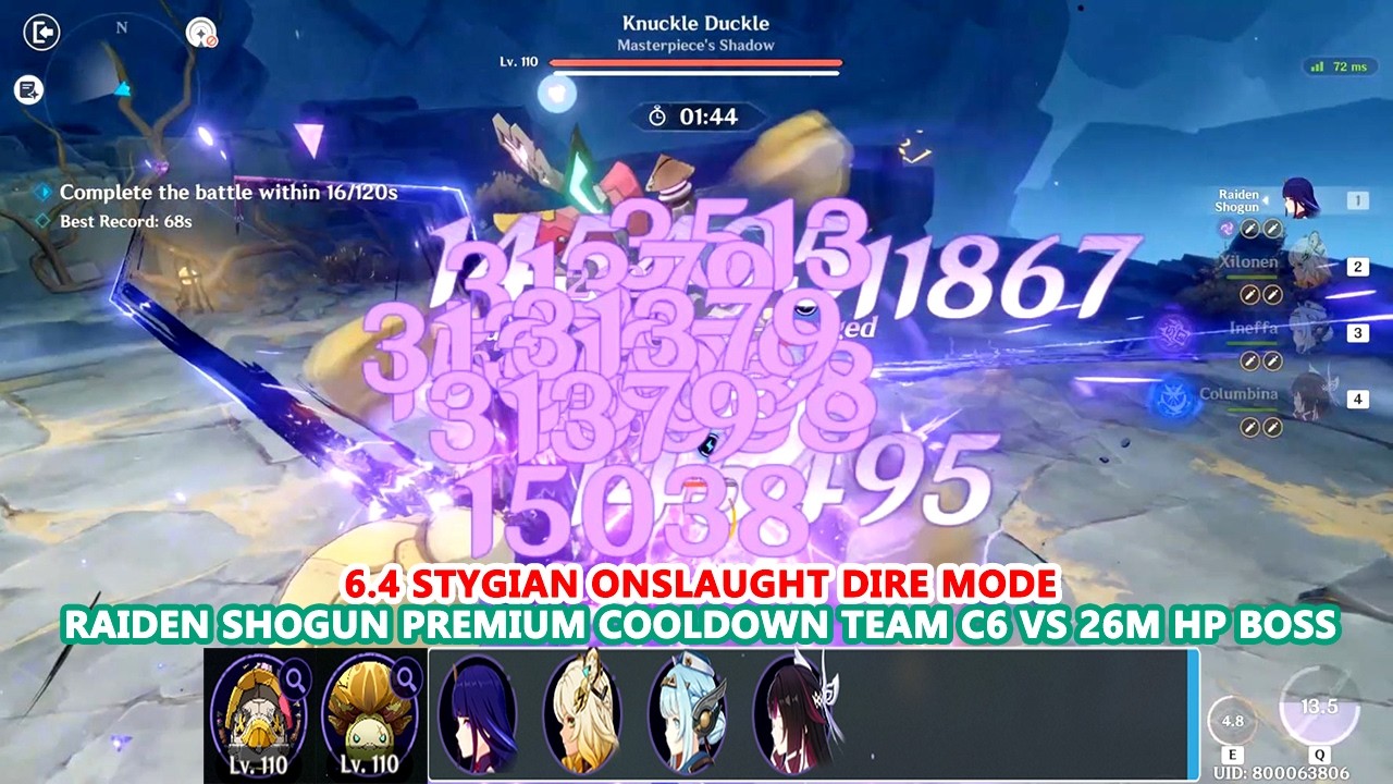 6.4 Stygian Onslaught Dire Mode : Raiden Shogun Premium Cooldown Team C6 vs 26M HP Boss