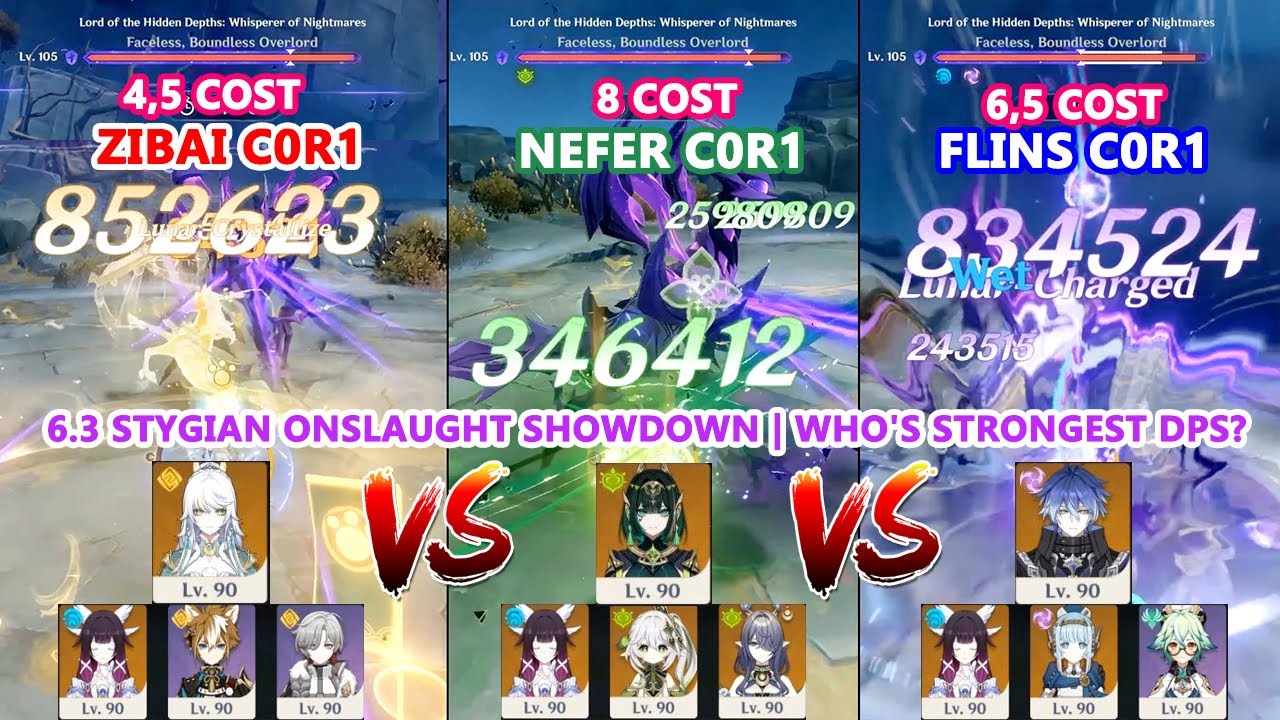 Zibai C0R1 vs Nefer C0R1 vs Flins C0R1 : 6.3 Stygian Onslaught Showdown | Who's Strongest DPS?