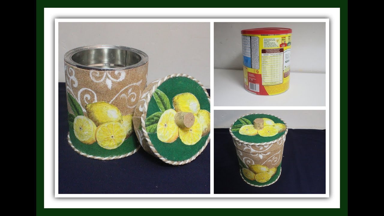 Reciclado de lata de leche - Decoupage sobre fondo oscuro y con stencil . Manualidades - DIY