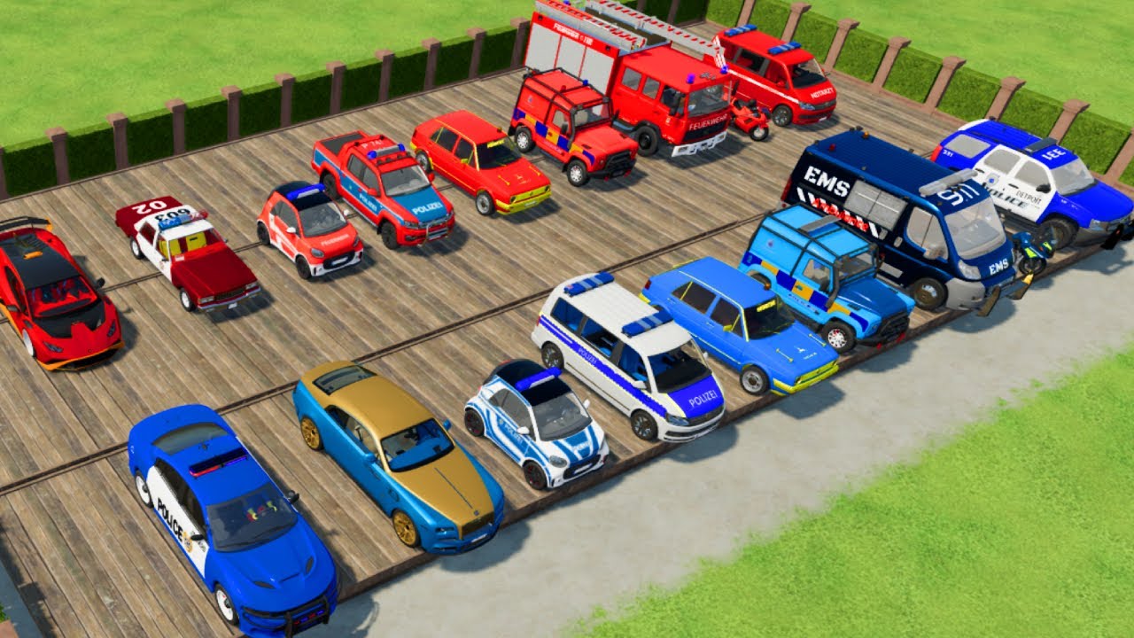 TRANSPORTING CARS, AMBULANCE, POLICE CARS, FIRE TRUCK OF COLORS! WITH TRUCKS! - FS 22