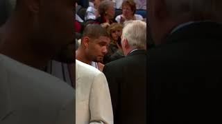 San Antonio Spurs head coach Gregg Popovich talks with star Tim Duncan late  in the fourth quarter against the Denver Nuggets at the Pepsi Center in  Denver on April 10, 2013. Denver