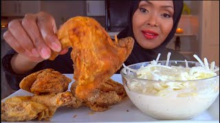 ASMR * FRIED CORNISH HEN & CREAMY ONION SALAD * آكل فروجة مقلية مع بصل بالكريمة