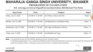 Mgsu M.A. jainology and jeevan vigyan (previous) revised time table,2020 ||