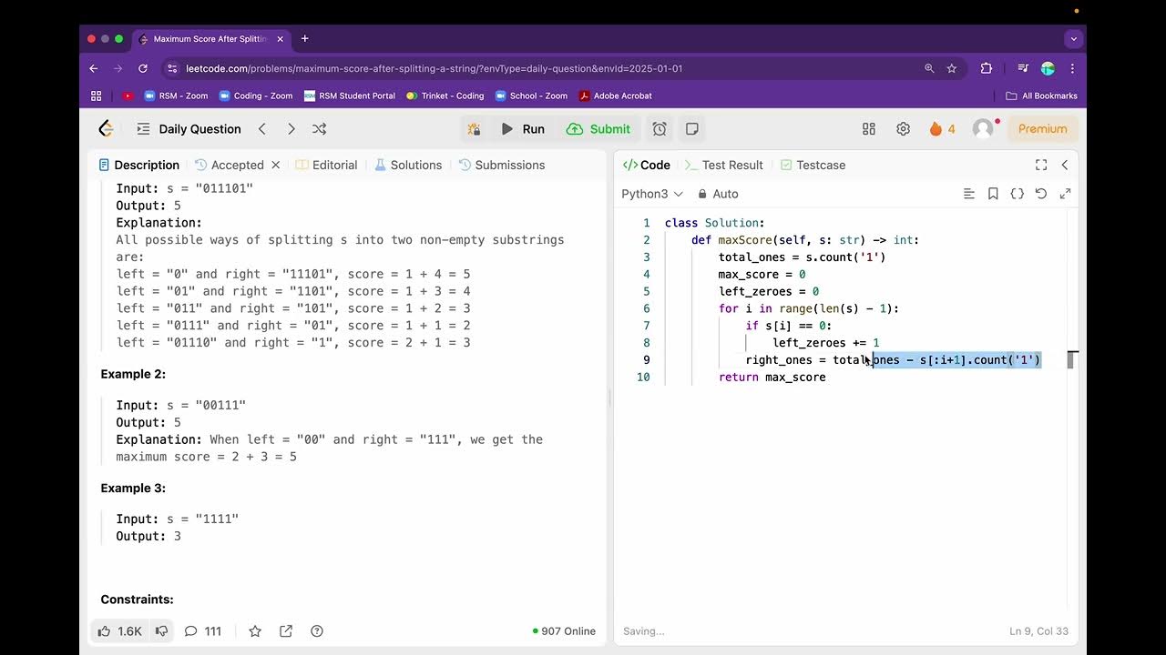 Maximum Score After Splitting a String - YouTube