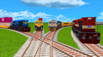 4 DIFFERENT TRAINS CROSSING ON RISKY RAILROAD TRACK | COLORFUL PASSENGER TRAINS #11 -Train Simulator