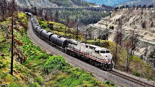 CPKC TRAIN W\/ SPECIAL KCS \& ROCKY MOUNTAINEER TRAIN IN THE BEAUTIFUL THOMPSON CANYON