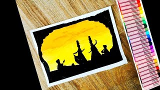 How to draw Indian culture Rajasthani folk dance scenery drawing with oil pastel for beginner