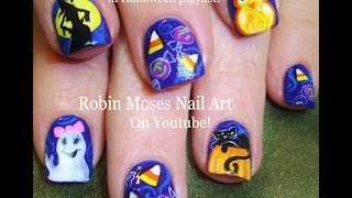 Halloween Candy Corn Nail Art with Witches ghosts and Cats! Nails Design Tutorial!