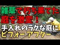 朽ち果てた庭の雑草抜きまくり。二度と雑草に悩まない庭造り!防草シート、電動バリカンを購入!音声ナレーション入り。