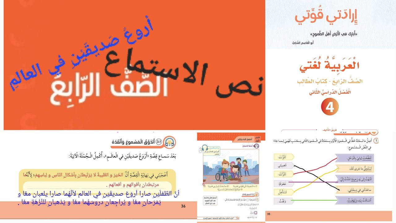 نص الاستماع أروع صديقين في العالم قراءة النص مع حل الأسئلة الصف الرابع المنهاج الأردني الجديد