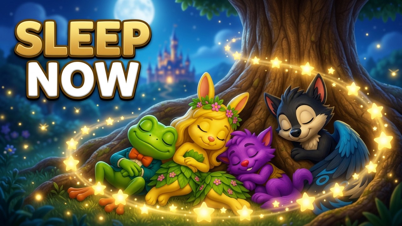 Leafy and TinyTales friends resting beneath Alderwise during the Sleep Little Dreamer kids lullaby.