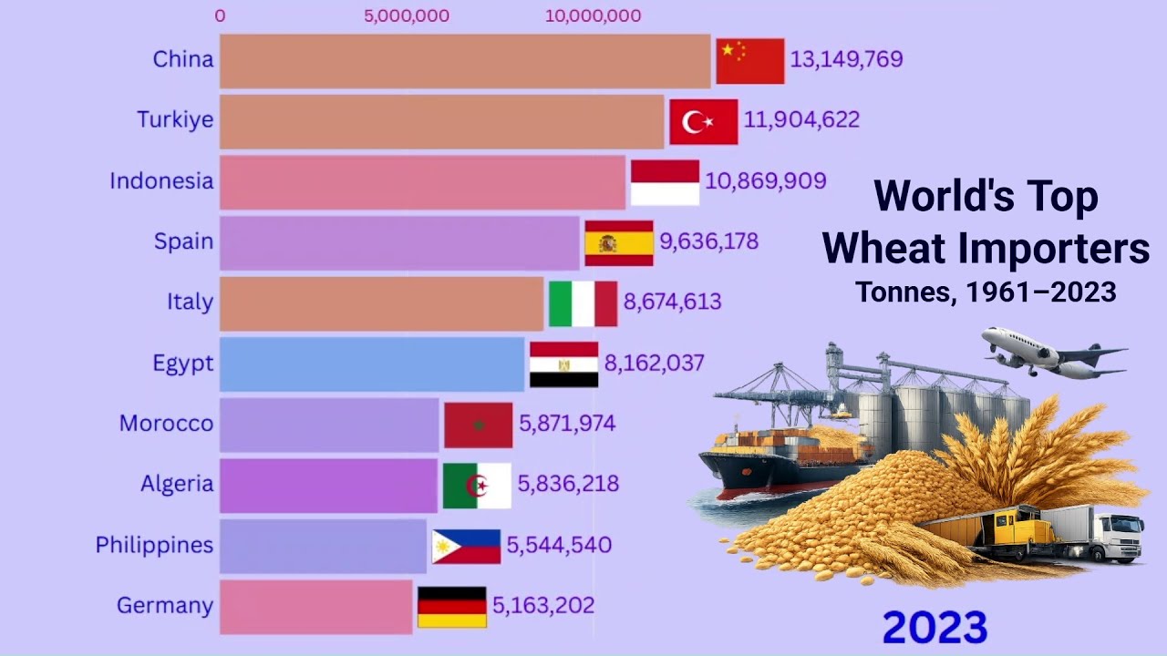 Крупнейшие мировые импортеры пшеницы (1961–2023) | Диаграмма и аналитика | Тонны