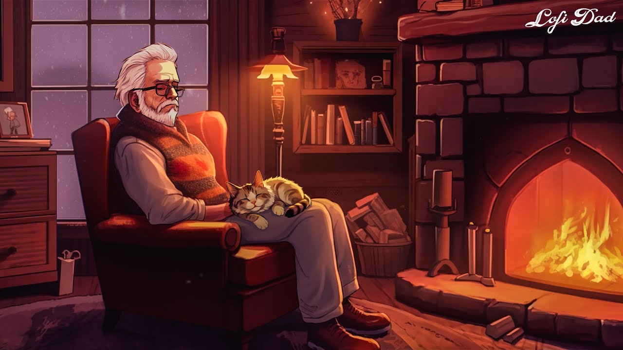 Relaxing with Dad 🔥 Enjoy the cozy room with crackling fire - Lofi Beats Sad/Relaxing Beats
