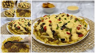 تشيلي فرايز  مع صوص الجبنه اللذيذ وقطع الناتشوز المقرمشه Cheesesteak fries with cheese dip