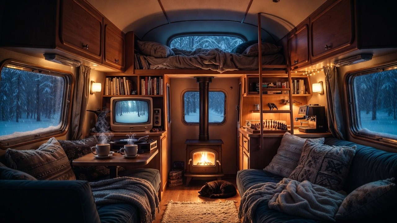 Cozy Vintage Camper in a Winter Storm ❄️ Fireplace & Sleeping Black Cat (8 Hours)