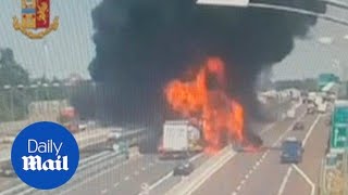 Dramatic CCTV footage shows explosion after truck collision