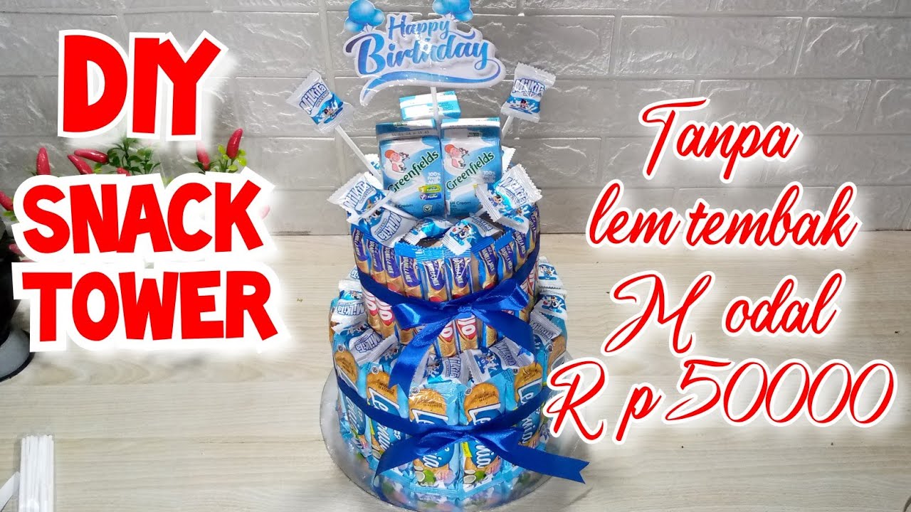 DIY SNACK TOWER SNACK TART NUANSA BIRU | KUE ULANG TAHUN DARI SNACK | HOW TO MAKE SNACK TOWER