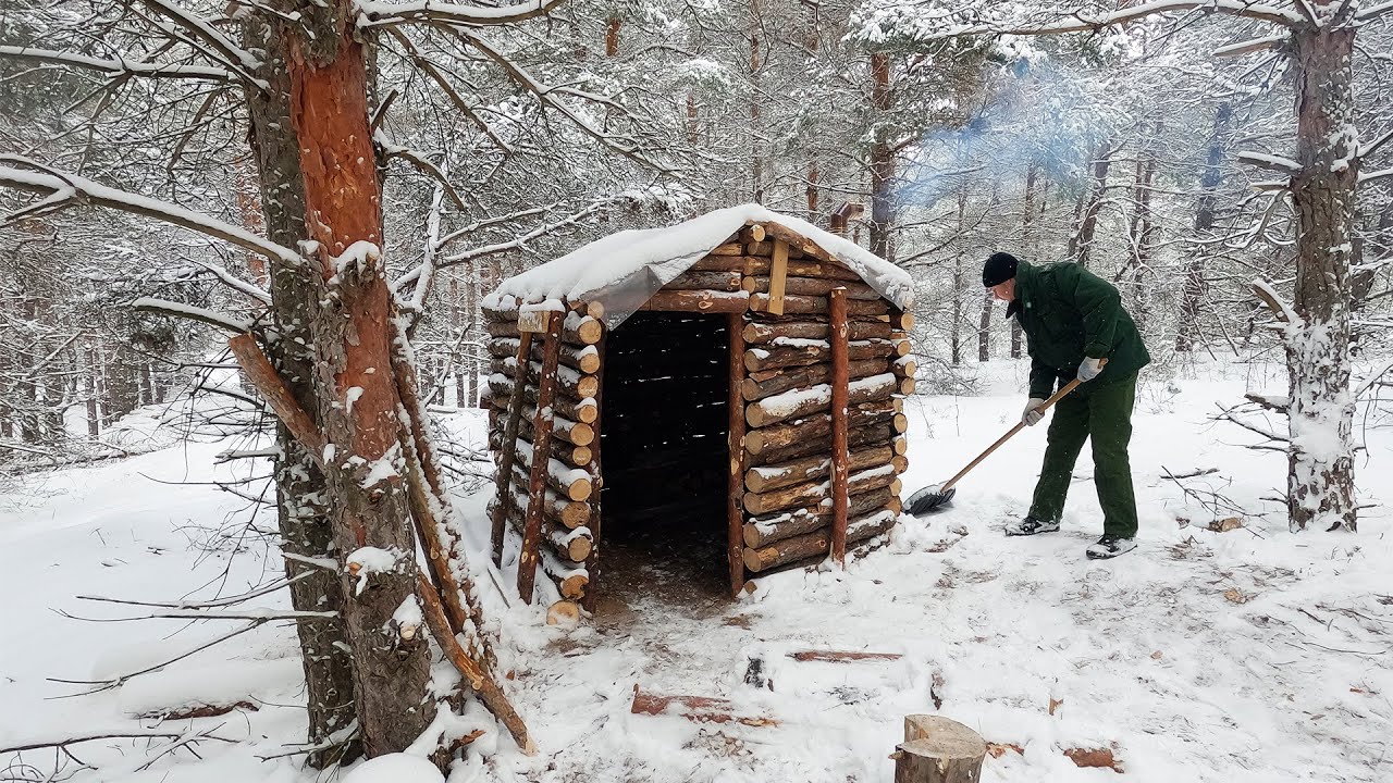 Building a LOG CABIN for Winter Bushcraft Survival - YouTube