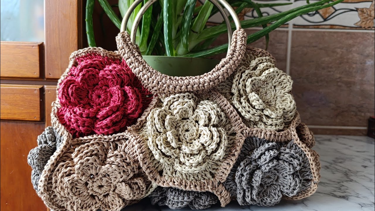 🌺🌹 GÜL MOTİFLİ ÇANTA YAPILIŞI/KAĞIT İPTEN ÖRGÜ ÇANTA YAPILIŞI/MOTİFLİ ÇANTA YAPILIŞI