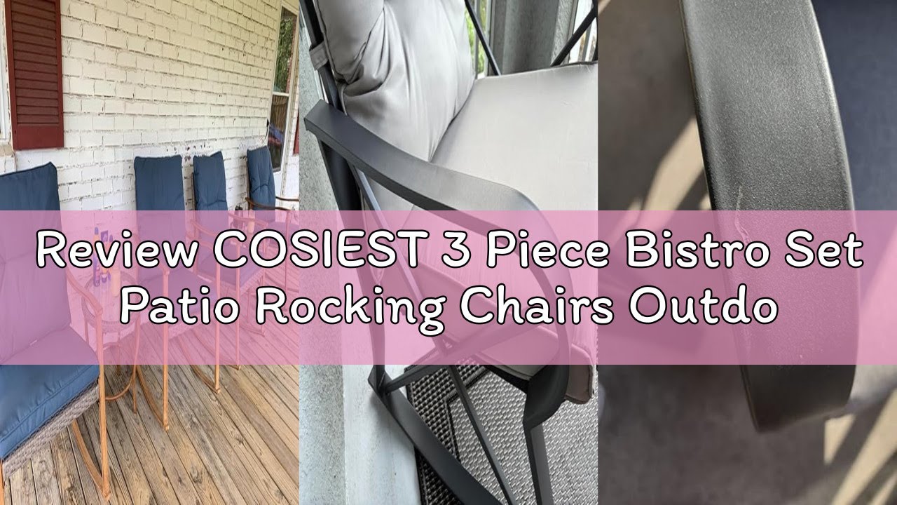 Review COSIEST 3 Piece Bistro Set Patio Rocking Chairs Outdoor Furniture w Warm Gray Cushions, Glass