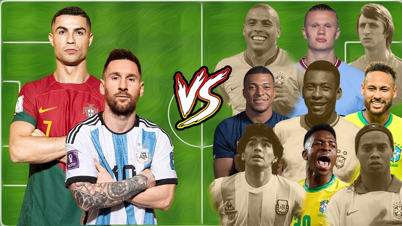 Messi Ronaldo Neymar 🆚 Mbappe Haaland Vinicius 🆚 Pele Maradona