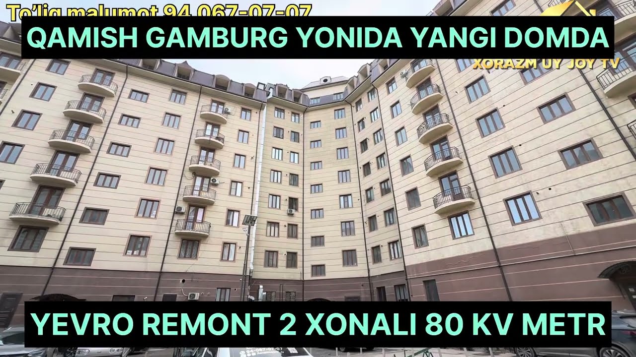 Urganch shaxar qamish gamburg yonida yangi domda 2 xonali 80m2 yevro remont kv sotiladi