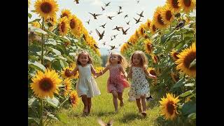 Little Girls Playing In A Field Of Sunflowers With Hummingbirds