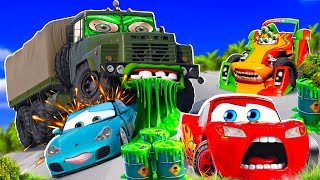 Big & Small:McQueen and Mater VS Kraz Track zombie and Rip ZOMBIE Trailer cars in BeamNG.drive