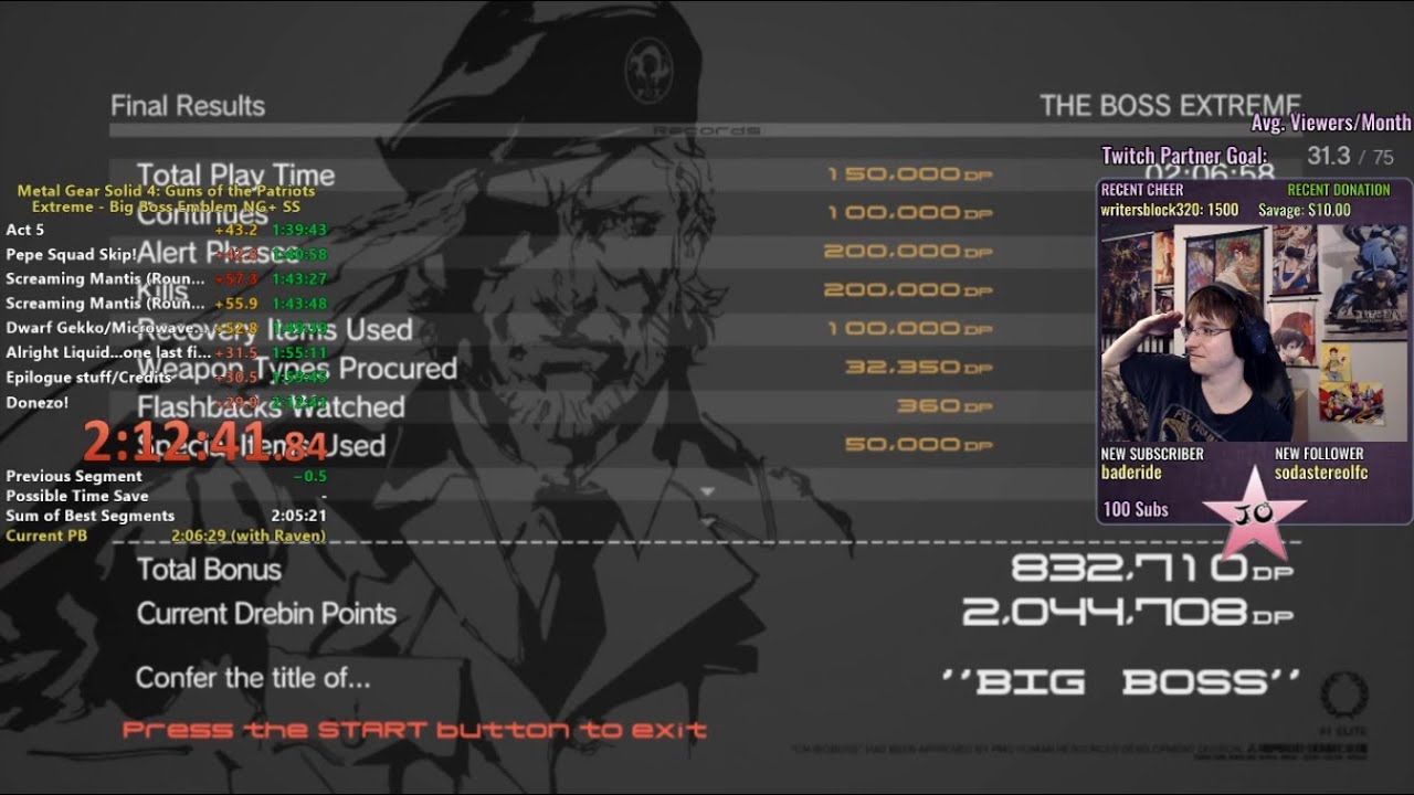 MGS4 The Boss Extreme (NG+) BigBoss Single-Segment Speedrun 2:06:58 (3 ...