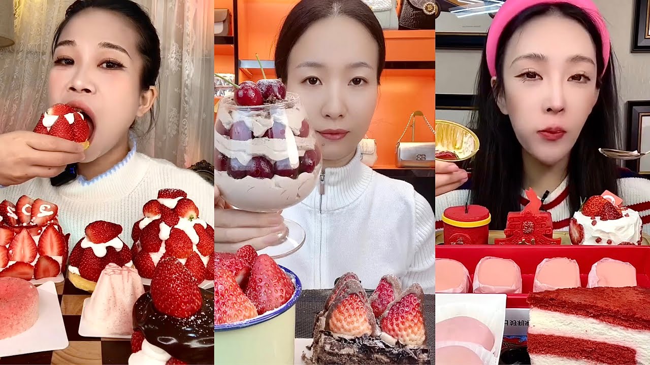 ASMR Mukbang | Eating Strawberry Fresh Cream Cake & Red Velvet Cake 🍓🍰 | No Talking