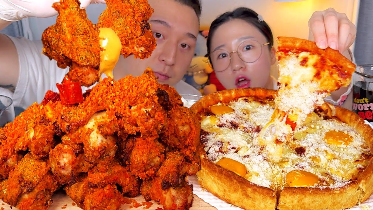 신메뉴 마라고추바사삭🌶️ 시카고피자 남자친구랑 굽네치킨 먹방 Mukbang