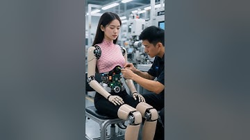 Factory technicians install electronic components into the chest of a humanoid robot!