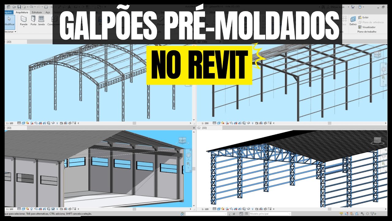 Galpões pré-moldados com Revit. Treliça, viga, pilar, telha, cumeeira.