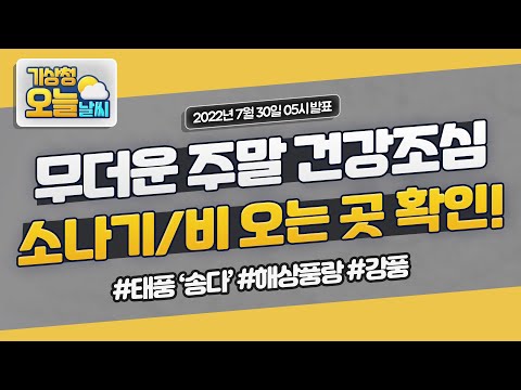 [오늘날씨] 무더운 주말 건강 조심하세요. 중부내륙 중심 소나기, 제주도부터 비와요 7월 30일 5시 기준