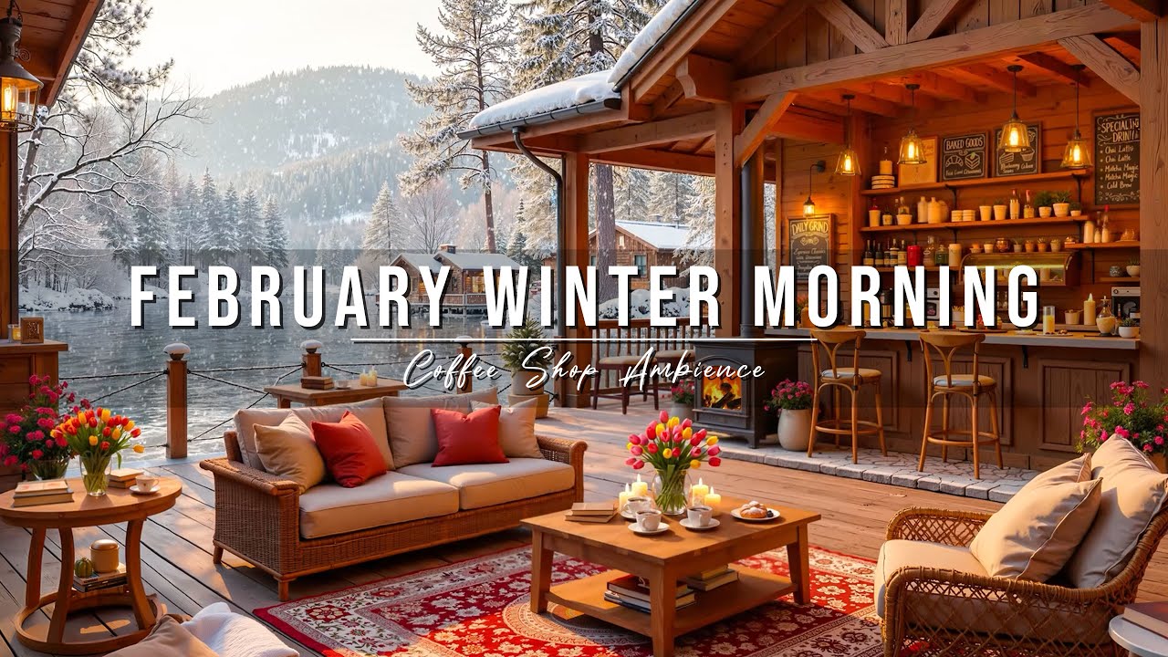 Relaxing February Winter Morning at Outdoor Coffee Shop Ambience ❄️ Soft Piano Jazz Music for Work
