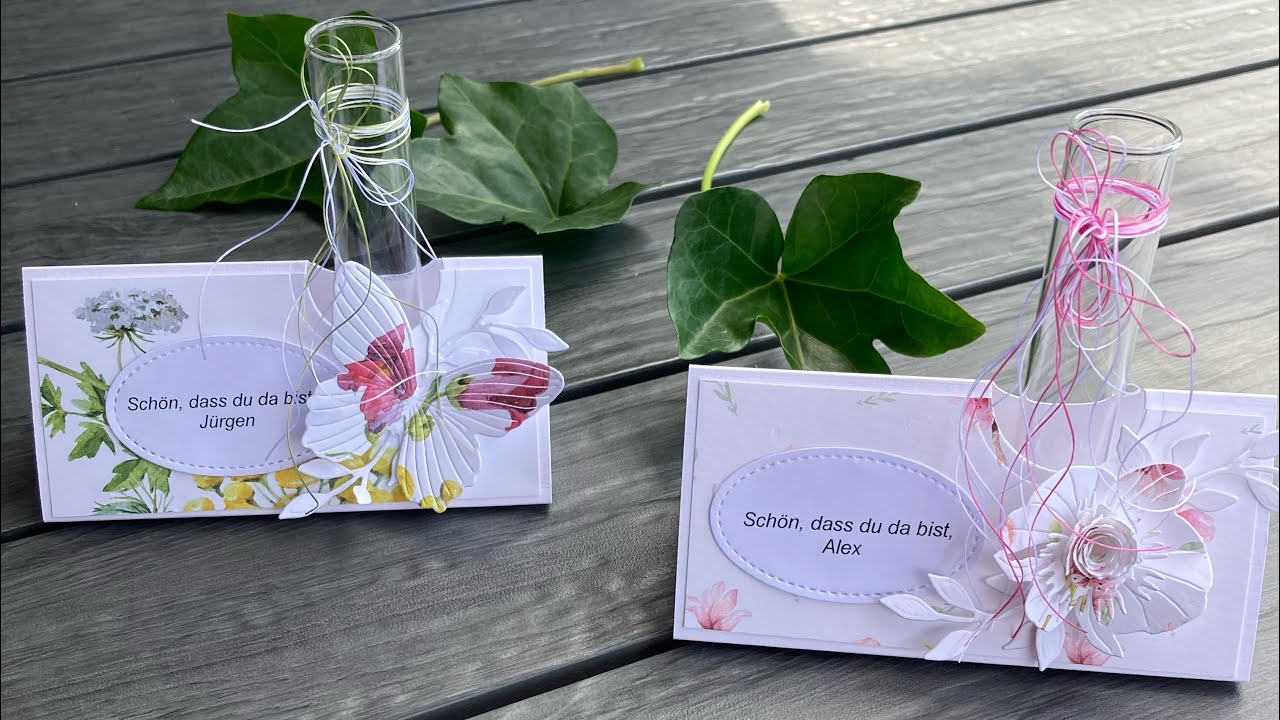 Tischkarte mit Reagenzglas für Blumendeko