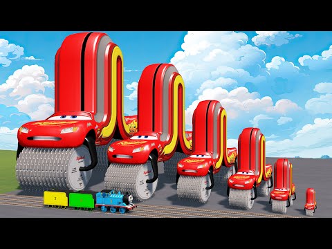 Big & Small Long Lightning Mcqueen Double Monster Saw Wheels vs Trains | BeamNG.Drive